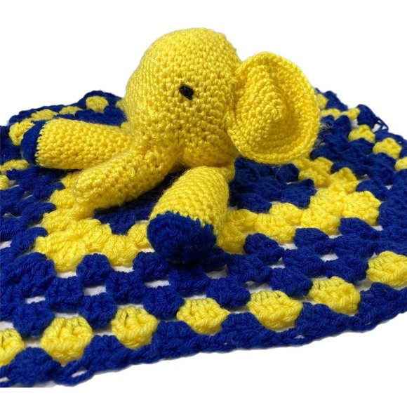 Vtg Handmade Crochet Elephant Lovey Security Blanket Baby Child Toy Blue Yellow - Picture 2 of 9